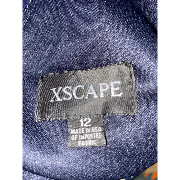 Xscape Women’s Embroidered V-Neck Fit & Flare Dress GUC Navy Blue Nude Lining - Picture 13 of 13